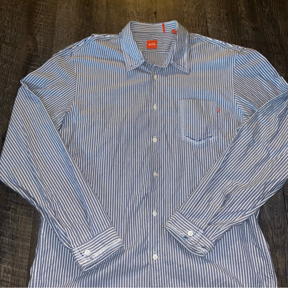 HUGO‎ BOSS Blue and White Casual Button Down Shirt with Pinstripes